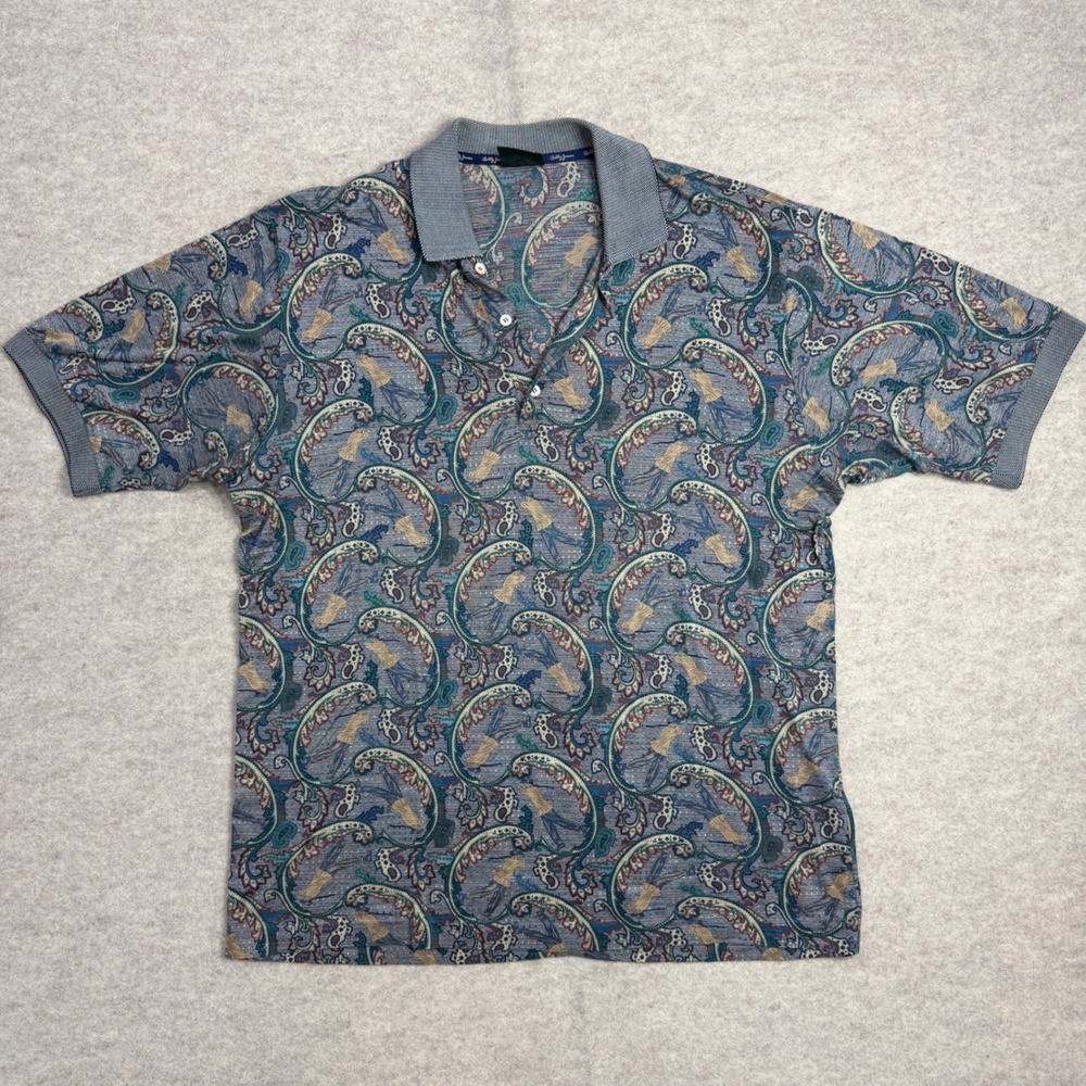 Bobby Jones Mens Large Polo Shirt Blue Paisley 100% Cotton Made in Italy Golf L
